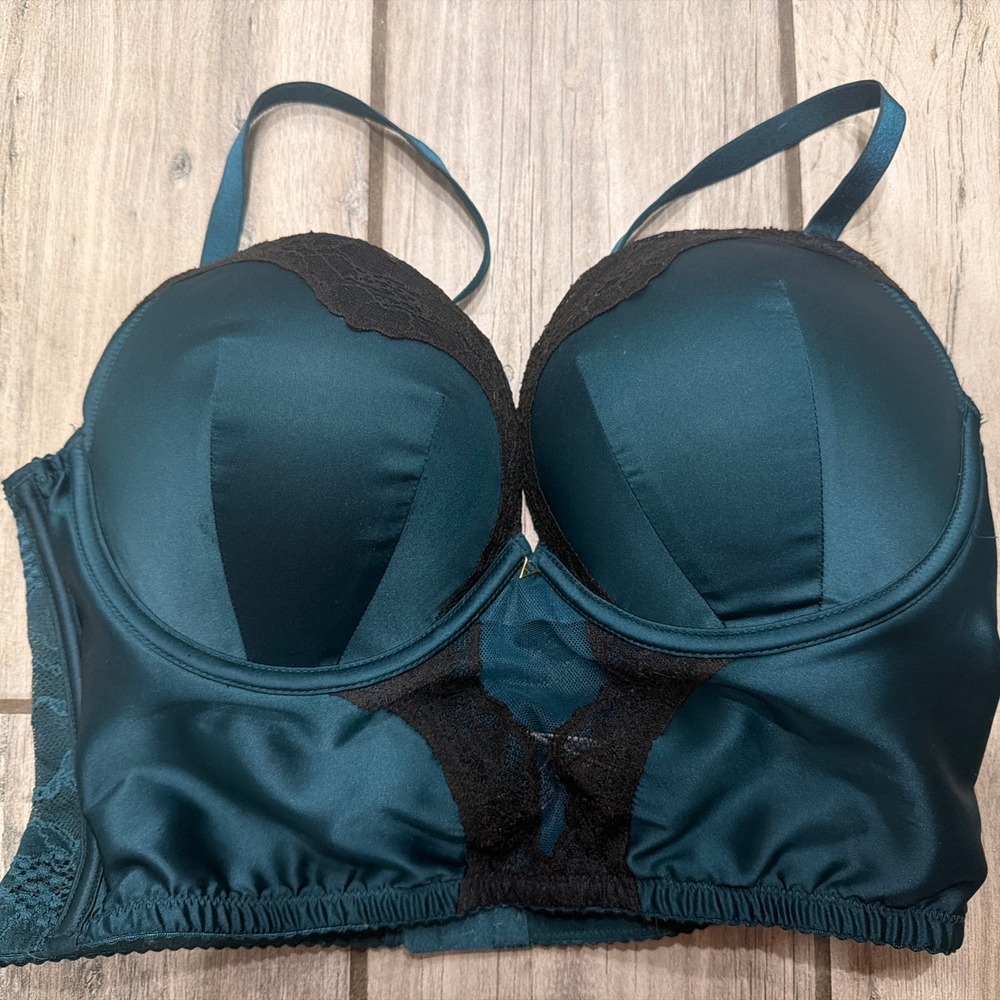 Victoria's Secret push Very Sexy line lace trim satin bustier 36C teal NWOT